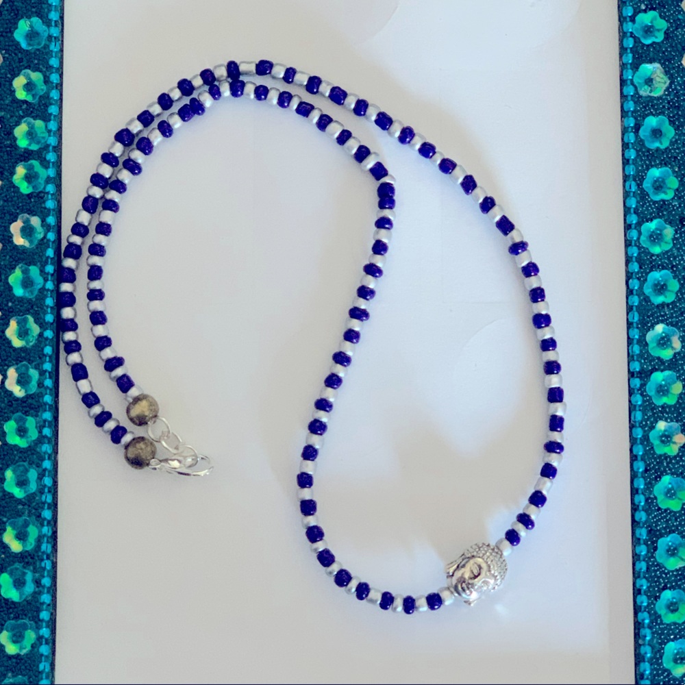 Navy and Silver Buddha Necklace
